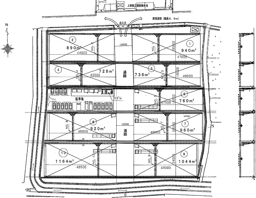 屋外貸しヤードの区画・設備の配置図